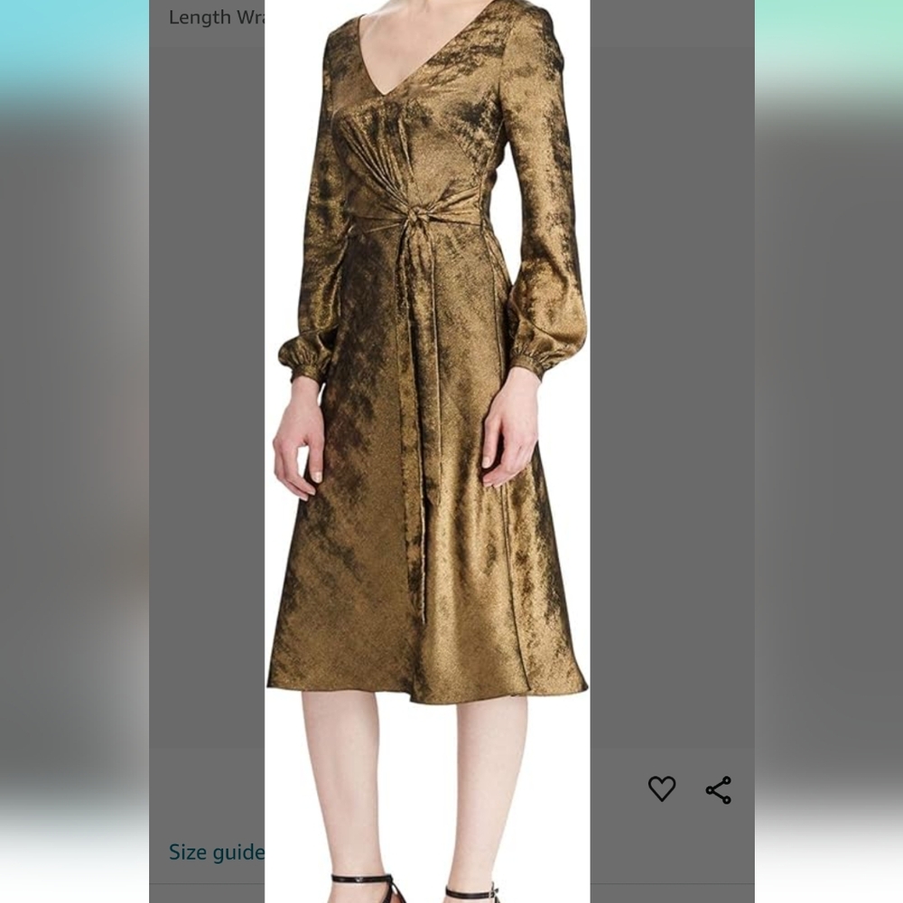 Ralph Lauren Womens Gold Glitter Long Sleeve V Neck Tea-Length Wrap Dress